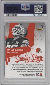 Myles Garrett from the 2024 Donruss Optic set featuring a Black Pandora parallel graded by PSA and given an overall grade of 10.