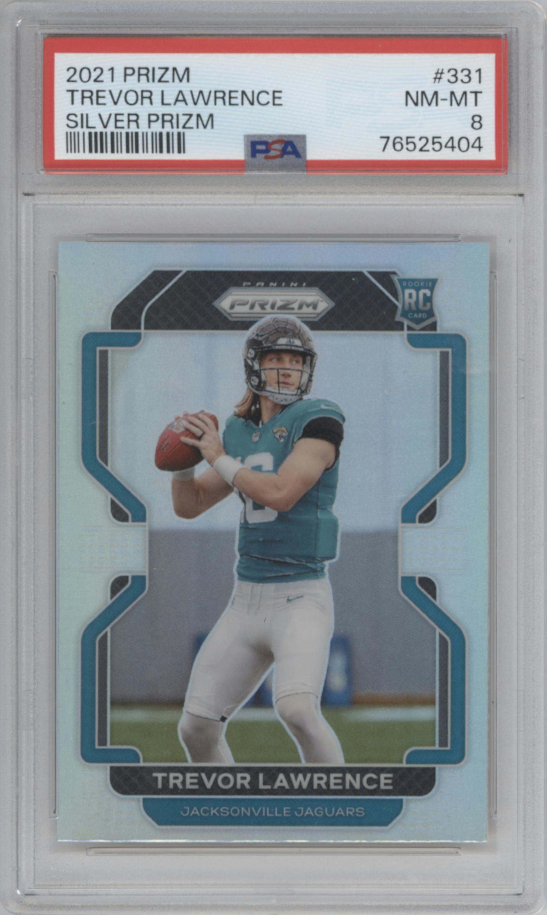 Trevor Lawrence from the 2021 Panini Prizm set featuring a Silver Prizm parallel graded by PSA and given an overall grade of 8.