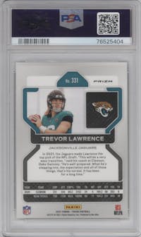 Trevor Lawrence from the 2021 Panini Prizm set featuring a Silver Prizm parallel graded by PSA and given an overall grade of 8.