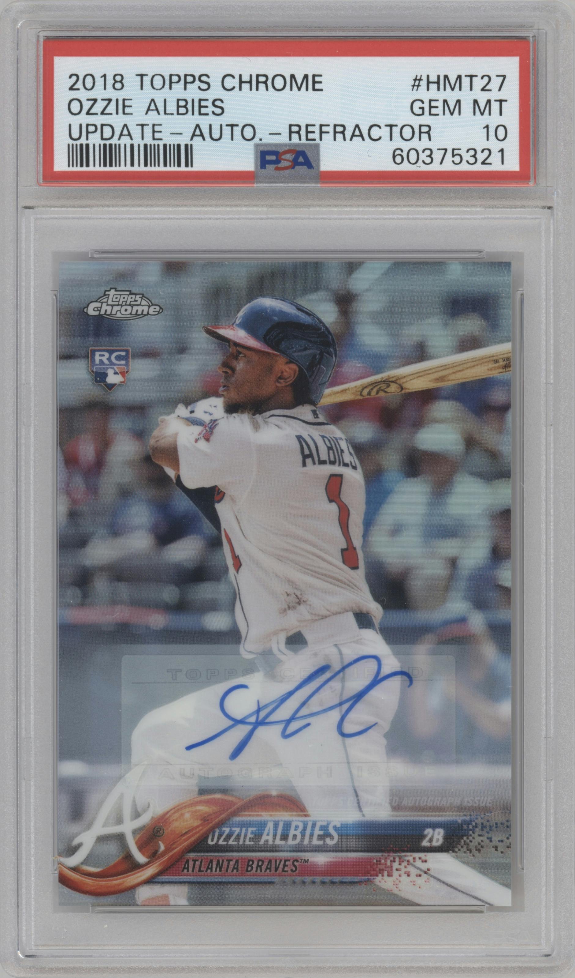 Ozzie Albies  from the 2018 Topps Chrome Update  set featuring a Refractor parallel graded by PSA and given an overall grade of 10.