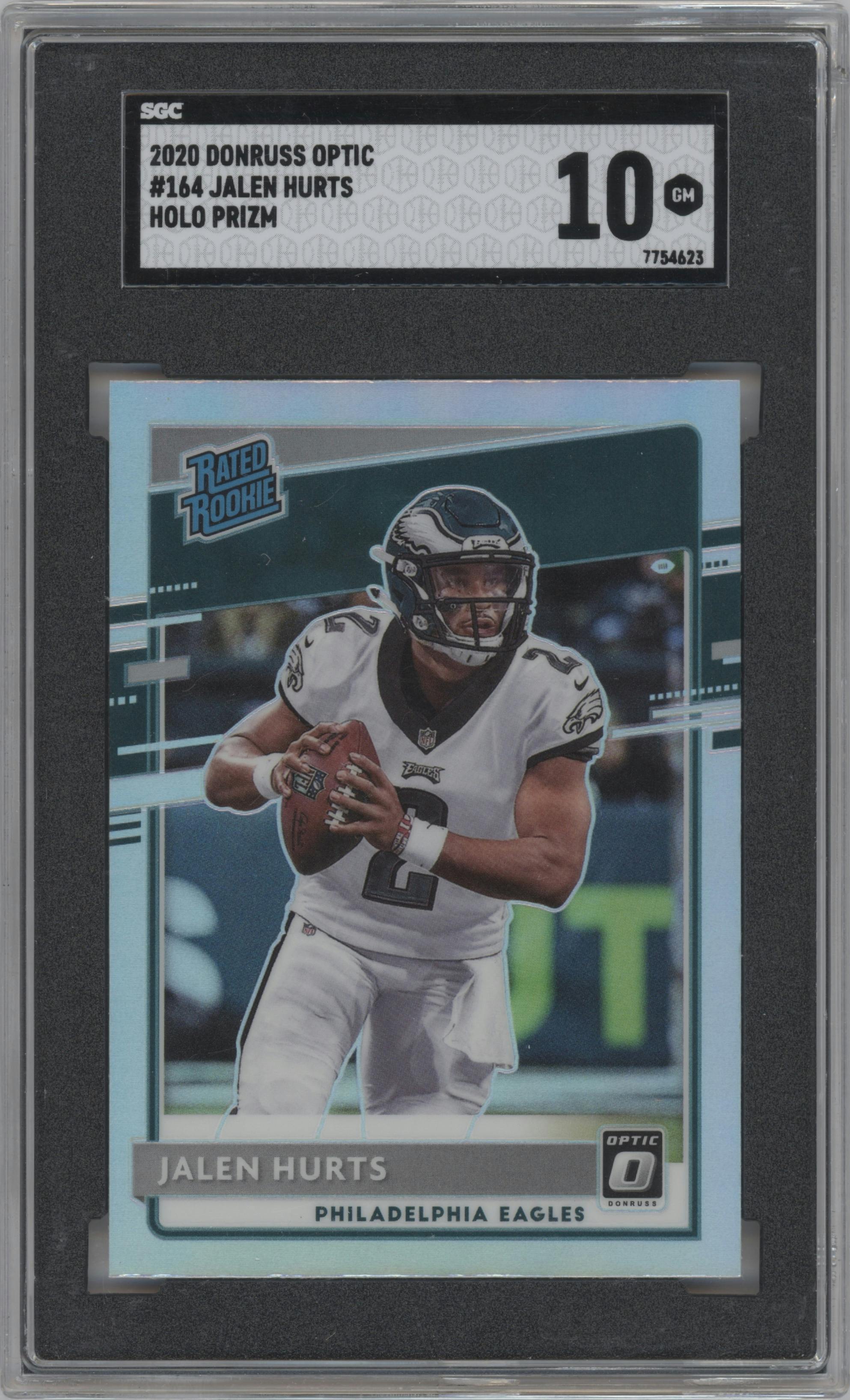 Jalen Hurts from the 2020 Panini Donruss Optic set featuring a Holo parallel graded by SGC and given an overall grade of 10.