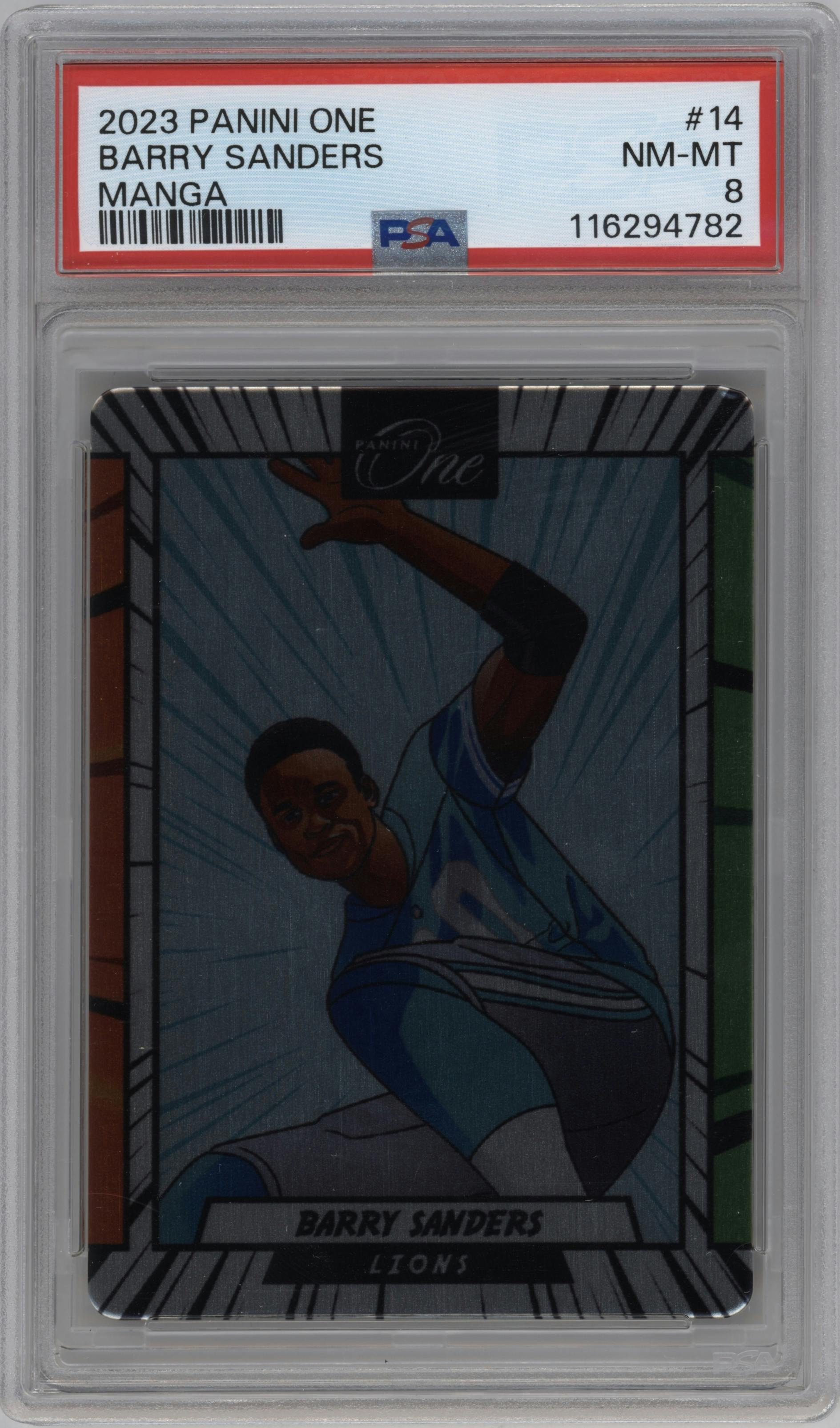 Barry Sanders from the 2023 Panini One set graded by PSA and given an overall grade of 8.