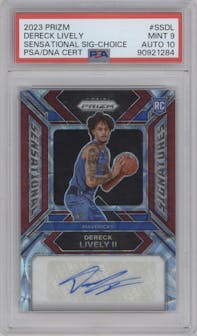 Dereck Lively II from the 2023-24 Panini Prizm set featuring a Choice Prizm parallel graded by PSA and given an overall grade of 9.