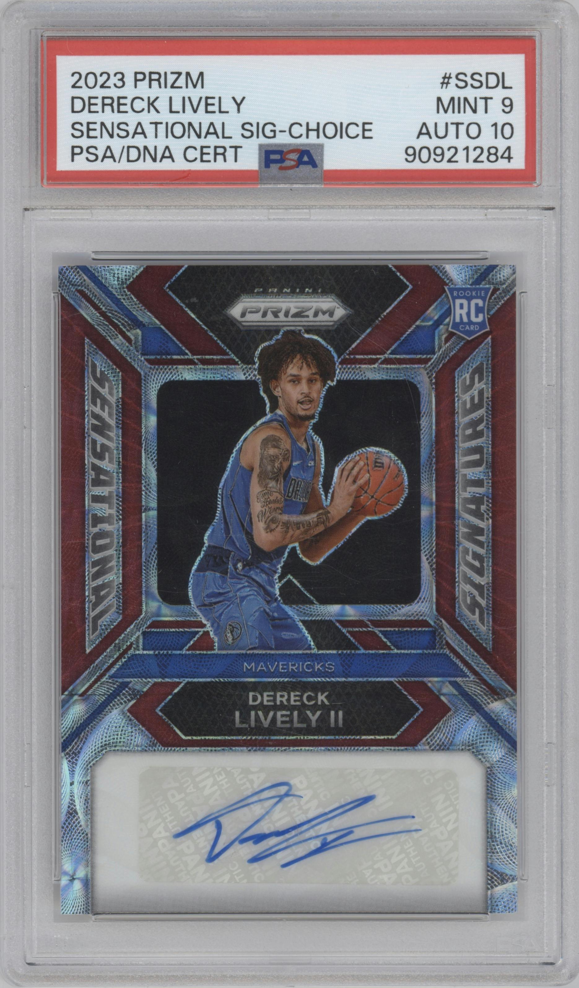Dereck Lively II from the 2023-24 Panini Prizm set featuring a Choice Prizm parallel graded by PSA and given an overall grade of 9.