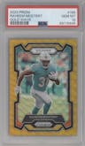 Raheem Mostert from the 2023 Panini Prizm set featuring a Gold Wave parallel graded by PSA and given an overall grade of 10.