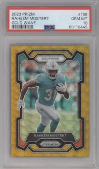 Raheem Mostert from the 2023 Panini Prizm set featuring a Gold Wave parallel graded by PSA and given an overall grade of 10.