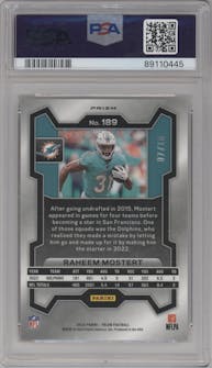 Raheem Mostert from the 2023 Panini Prizm set featuring a Gold Wave parallel graded by PSA and given an overall grade of 10.
