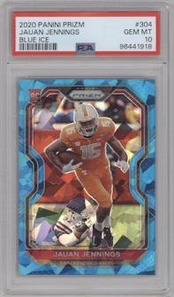 Jauan Jennings from the 2020 Panini Prizm set featuring a Blue Ice parallel graded by PSA and given an overall grade of 10.