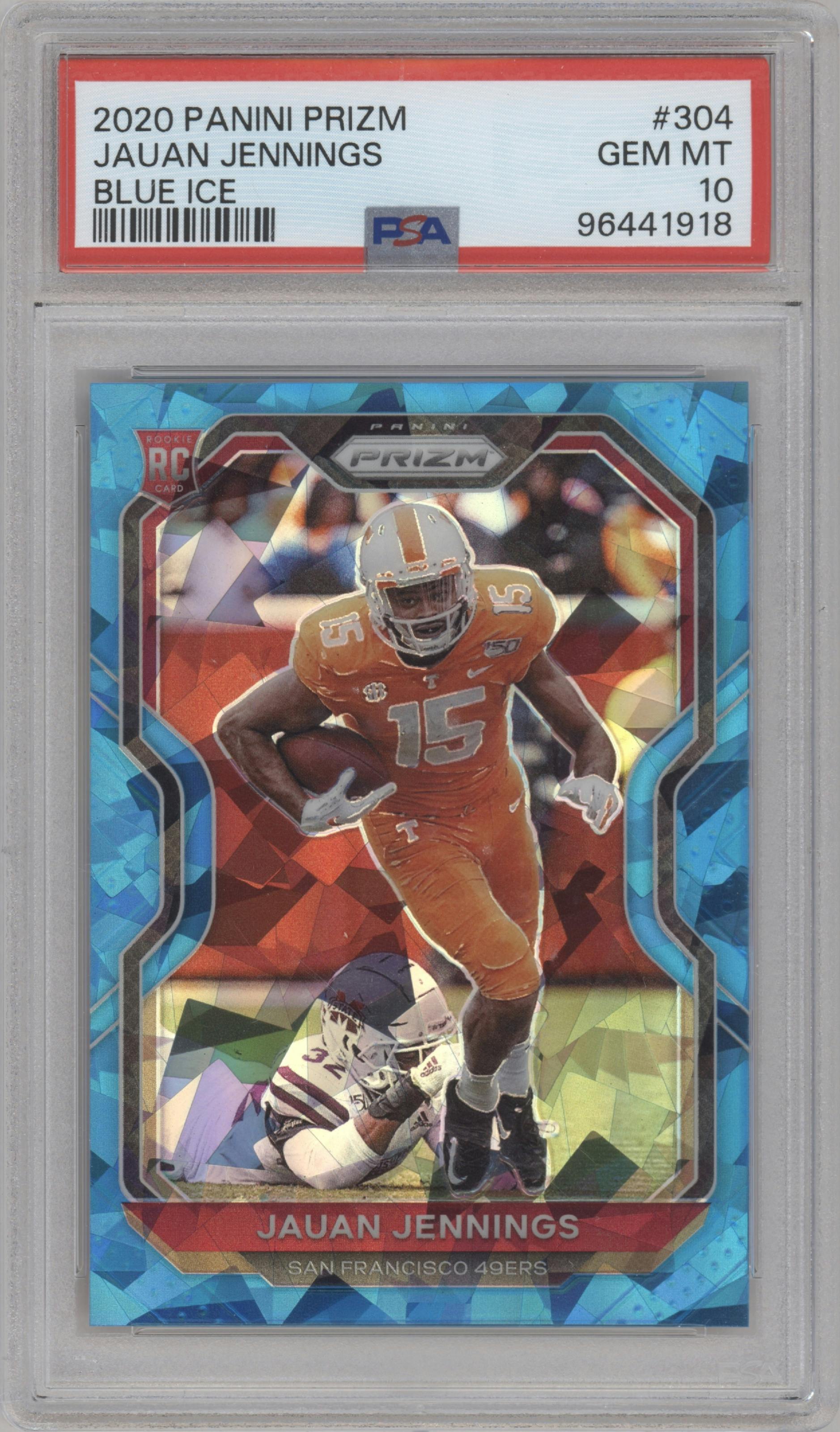 Jauan Jennings from the 2020 Panini Prizm set featuring a Blue Ice parallel graded by PSA and given an overall grade of 10.
