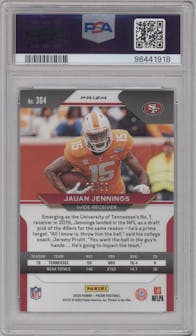 Jauan Jennings from the 2020 Panini Prizm set featuring a Blue Ice parallel graded by PSA and given an overall grade of 10.