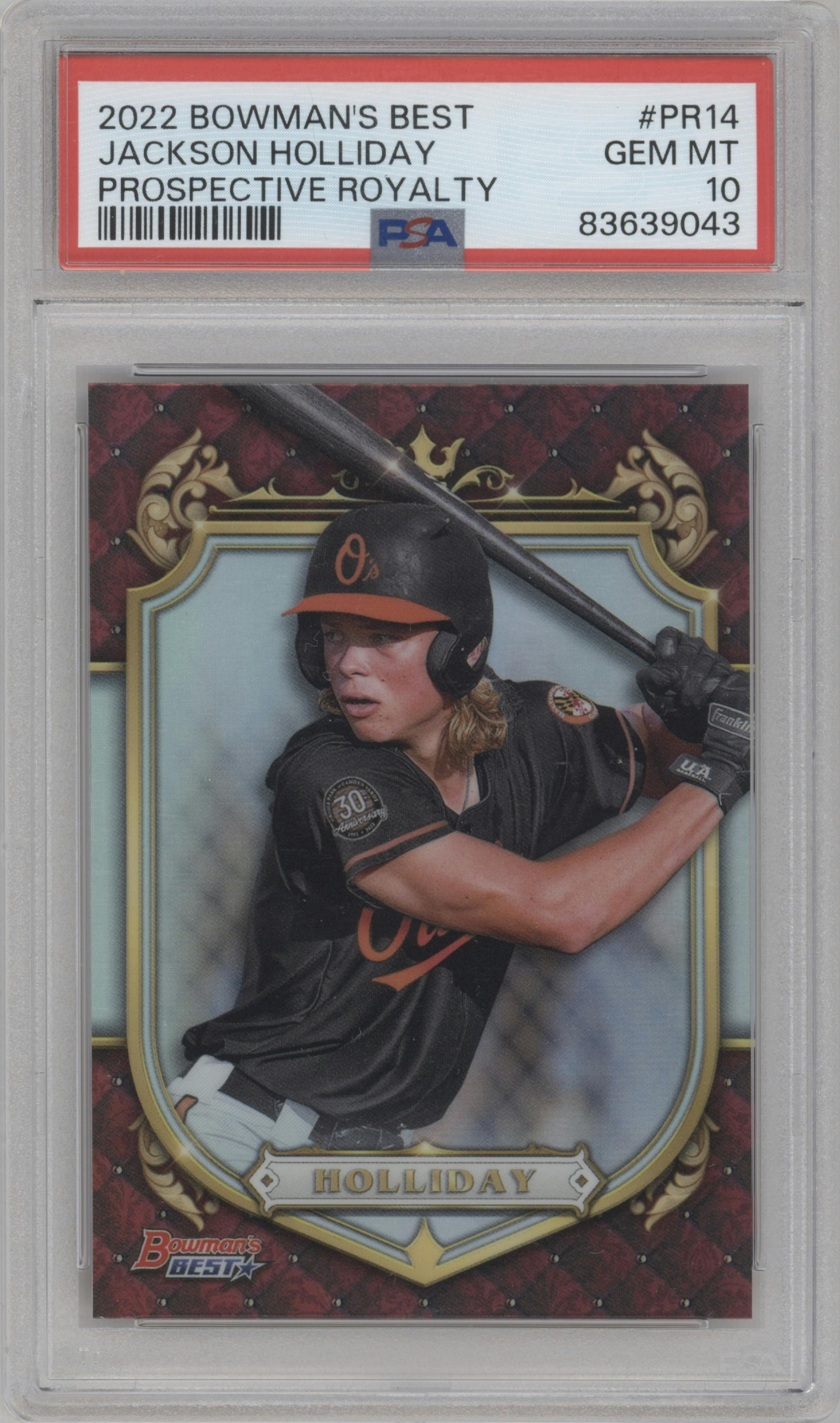 Jackson Holliday from the 2022 Bowman’s Best   set graded by PSA and given an overall grade of 10.