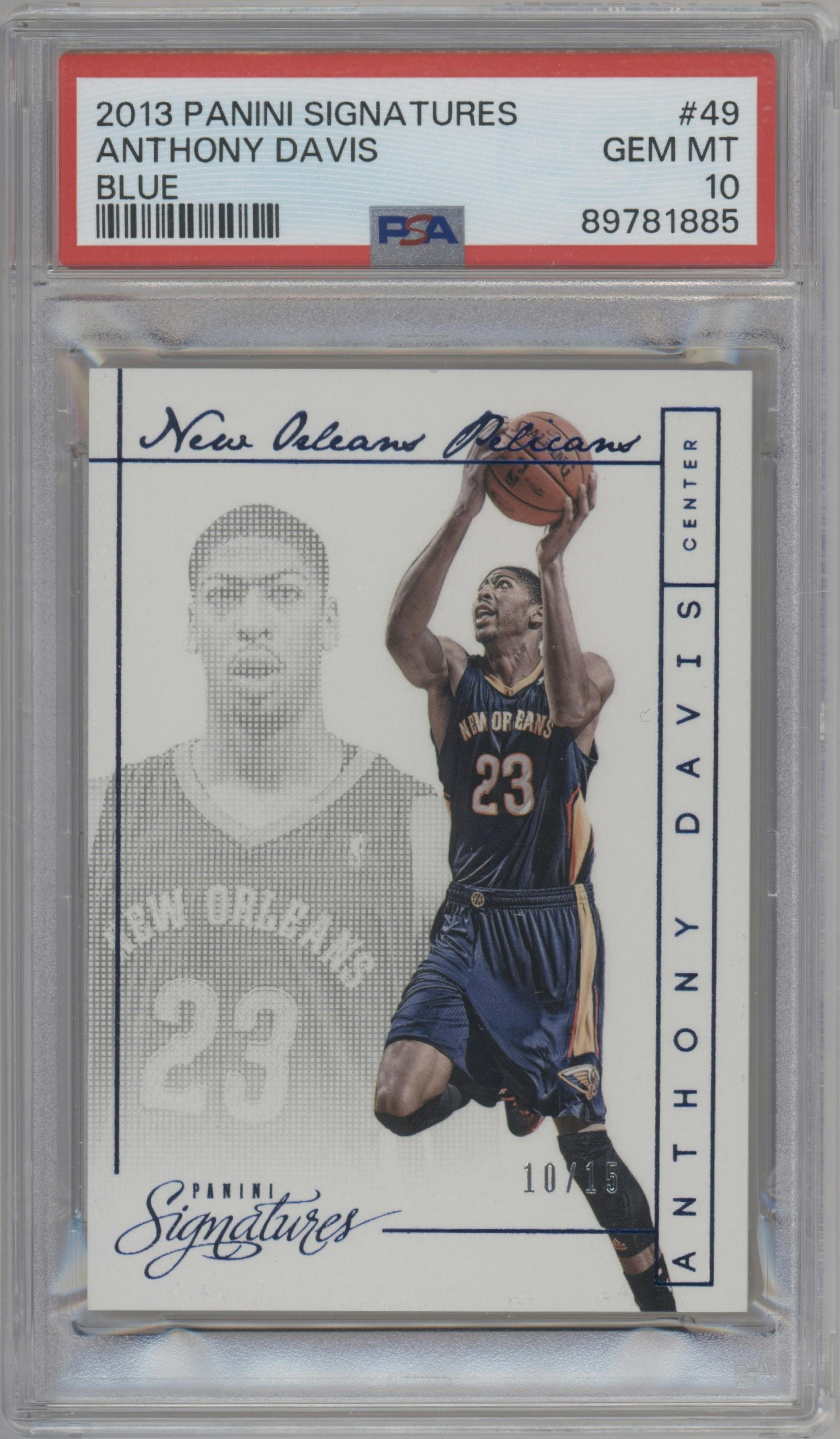 Anthony Davis from the 2013-14 Panini Signatures  set featuring a Blue parallel graded by PSA and given an overall grade of 10.