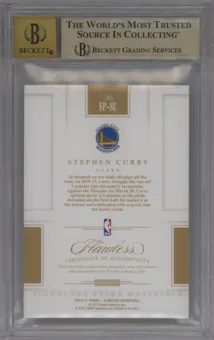 Stephen Curry from the 2016-17 Panini Flawless  set featuring a Emerald parallel graded by Beckett and given an overall grade of 9.5.