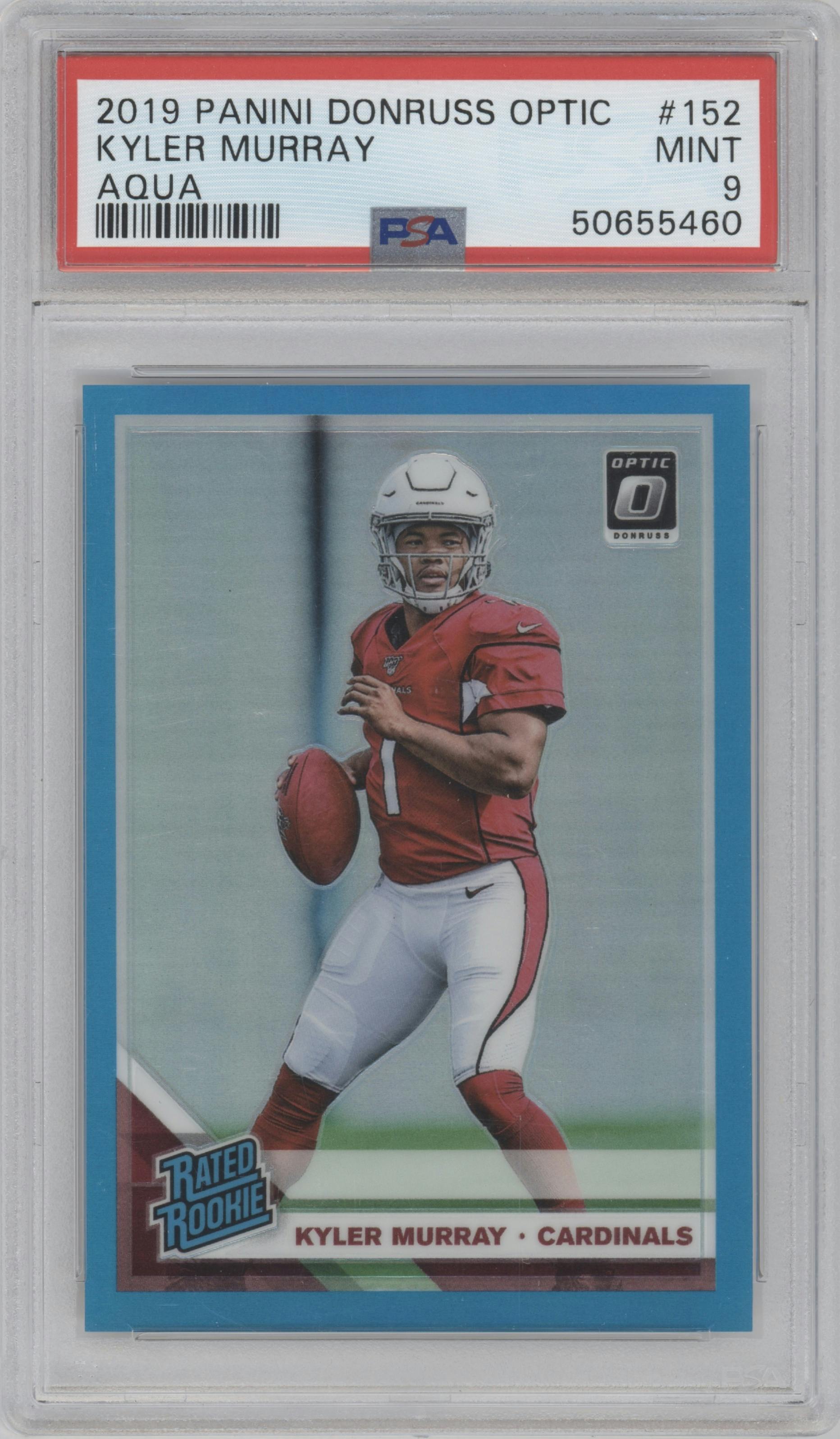 Kyler Murray from the 2019 Panini Donruss Optic set featuring a Aqua parallel graded by PSA and given an overall grade of 9.