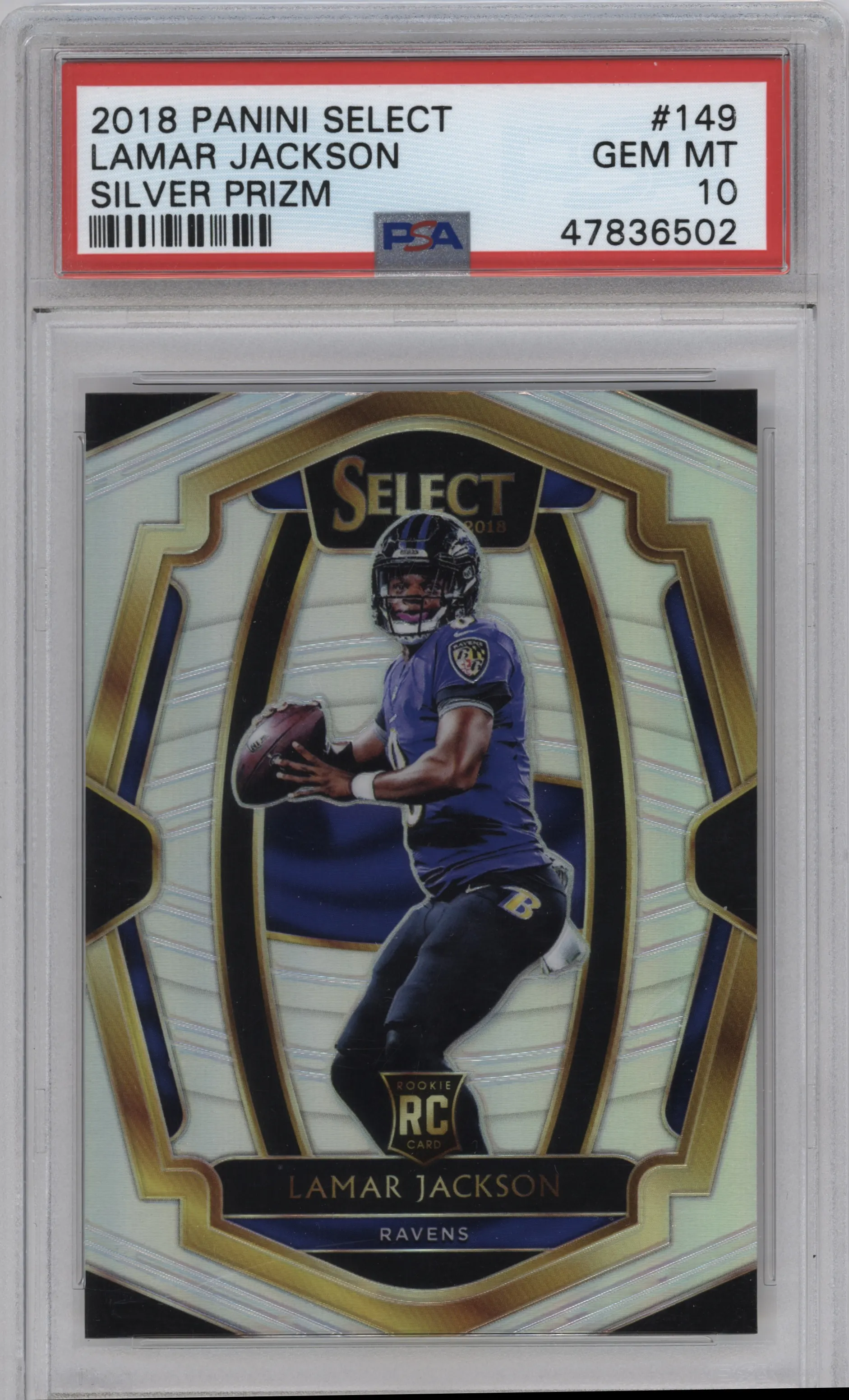 2018 Panini Select Pre.Lvl. Lamar Jackson Silver Prizm #149 PSA 10