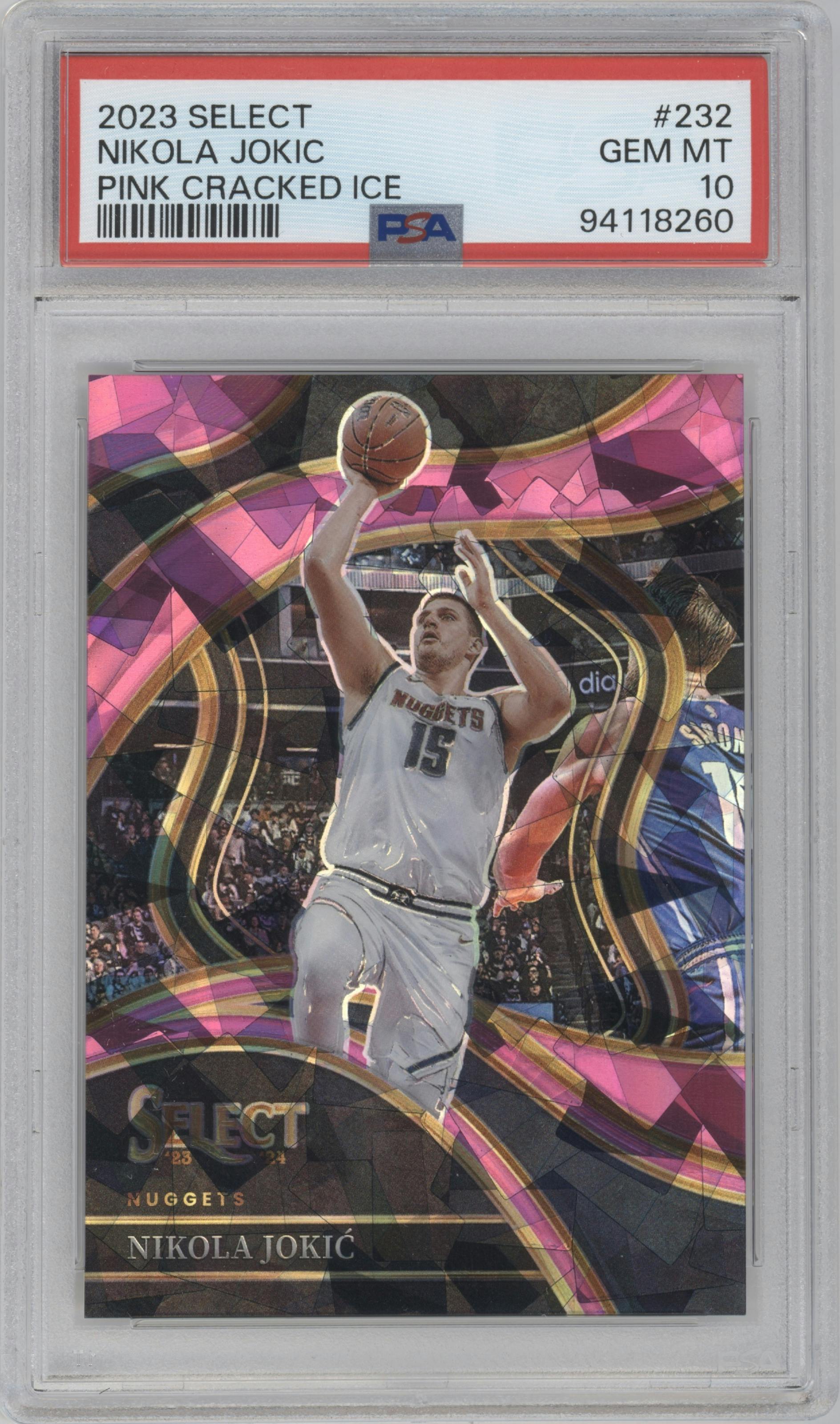 Nikola Jokic from the 2023-24 Panini Select  set featuring a Pink Cracked Ice parallel graded by PSA and given an overall grade of 10.