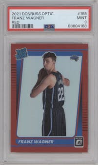 Franz Wagner from the 2021-22 Panini Donruss Optic set featuring a Red parallel graded by PSA and given an overall grade of 9.