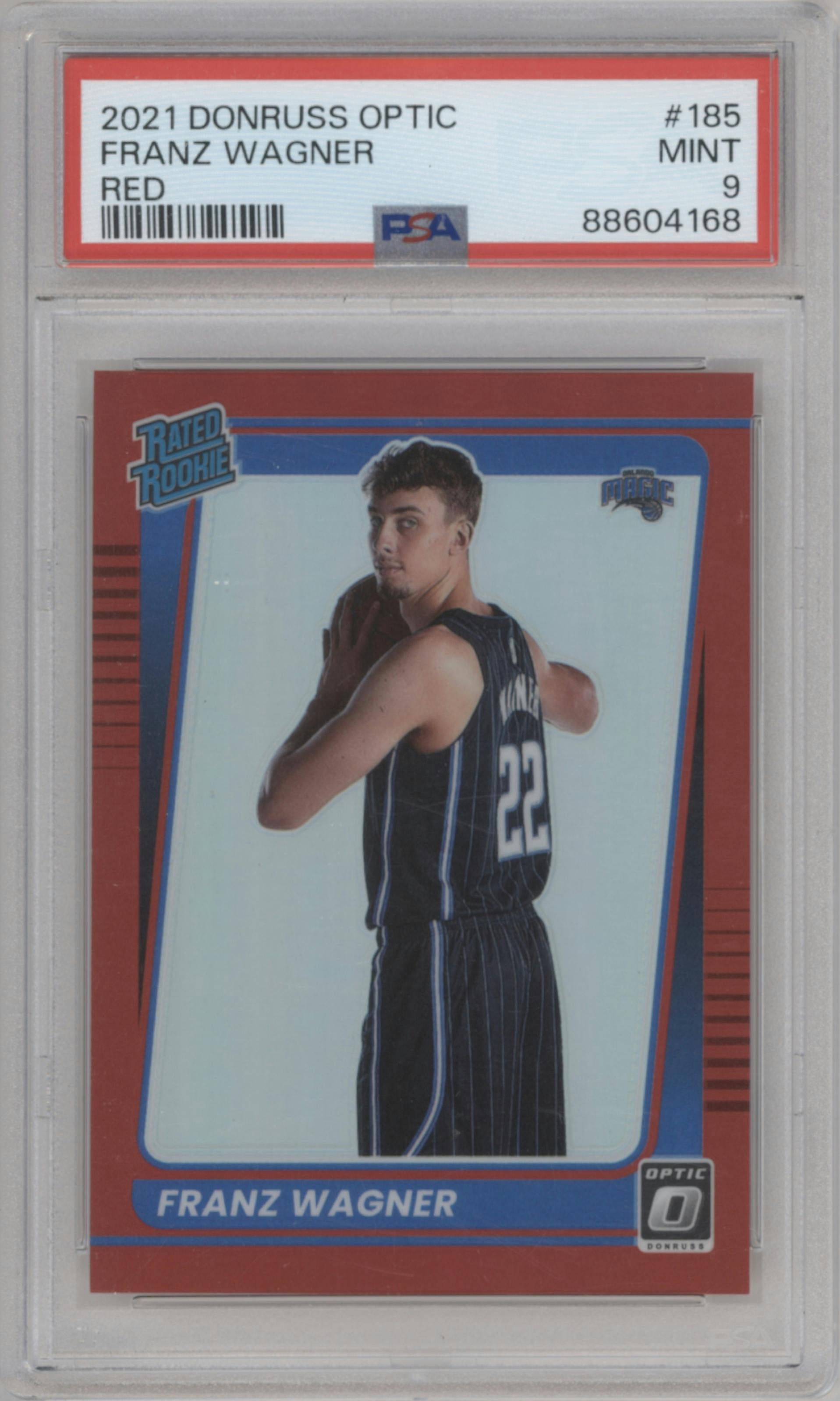 Franz Wagner from the 2021-22 Panini Donruss Optic set featuring a Red parallel graded by PSA and given an overall grade of 9.