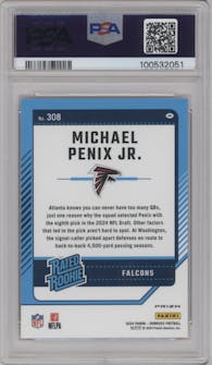 Michael Penix Jr.  from the 2024 Donruss set featuring a Red Pandora parallel graded by PSA and given an overall grade of 10.