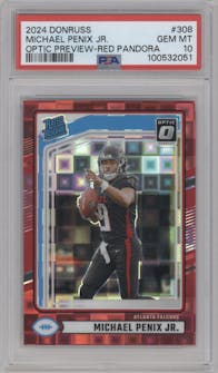 Michael Penix Jr.  from the 2024 Donruss set featuring a Red Pandora parallel graded by PSA and given an overall grade of 10.