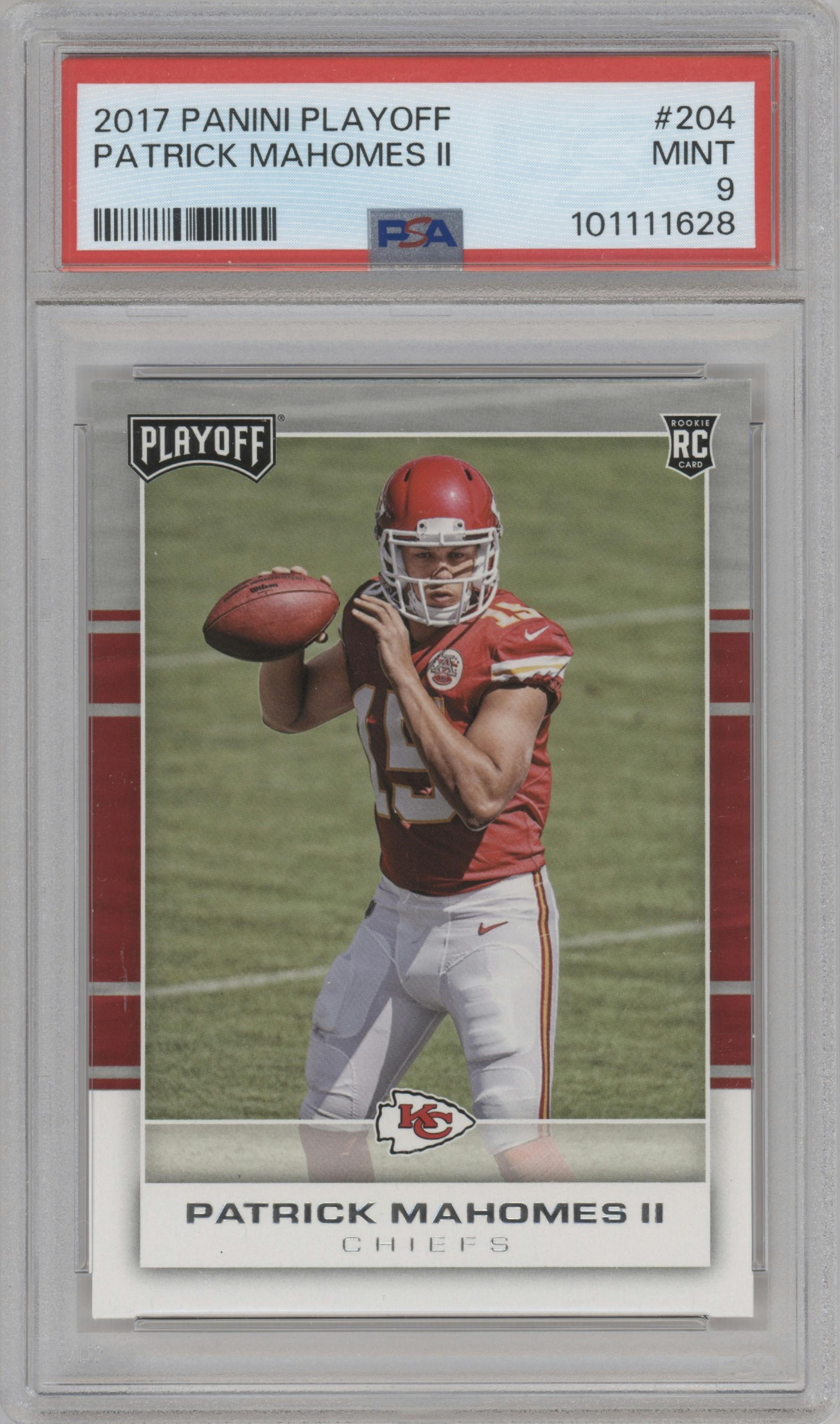 Patrick Mahomes II from the 2017 Panini Playoff set graded by PSA and given an overall grade of 9.