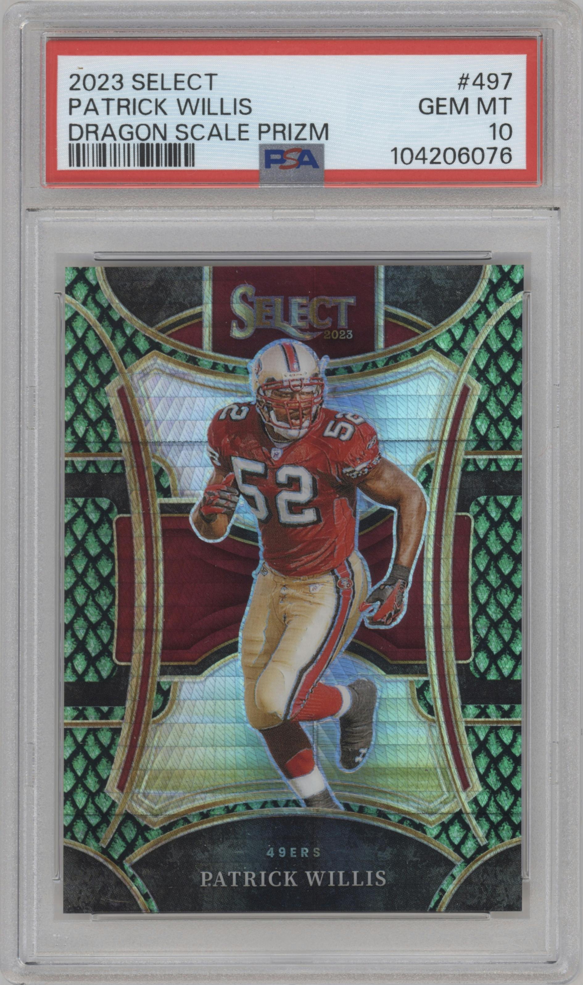 Patrick Willis from the 2023 Panini Select set featuring a Dragon Scale parallel graded by PSA and given an overall grade of 10.