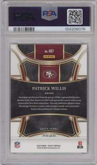 Patrick Willis from the 2023 Panini Select set featuring a Dragon Scale parallel graded by PSA and given an overall grade of 10.