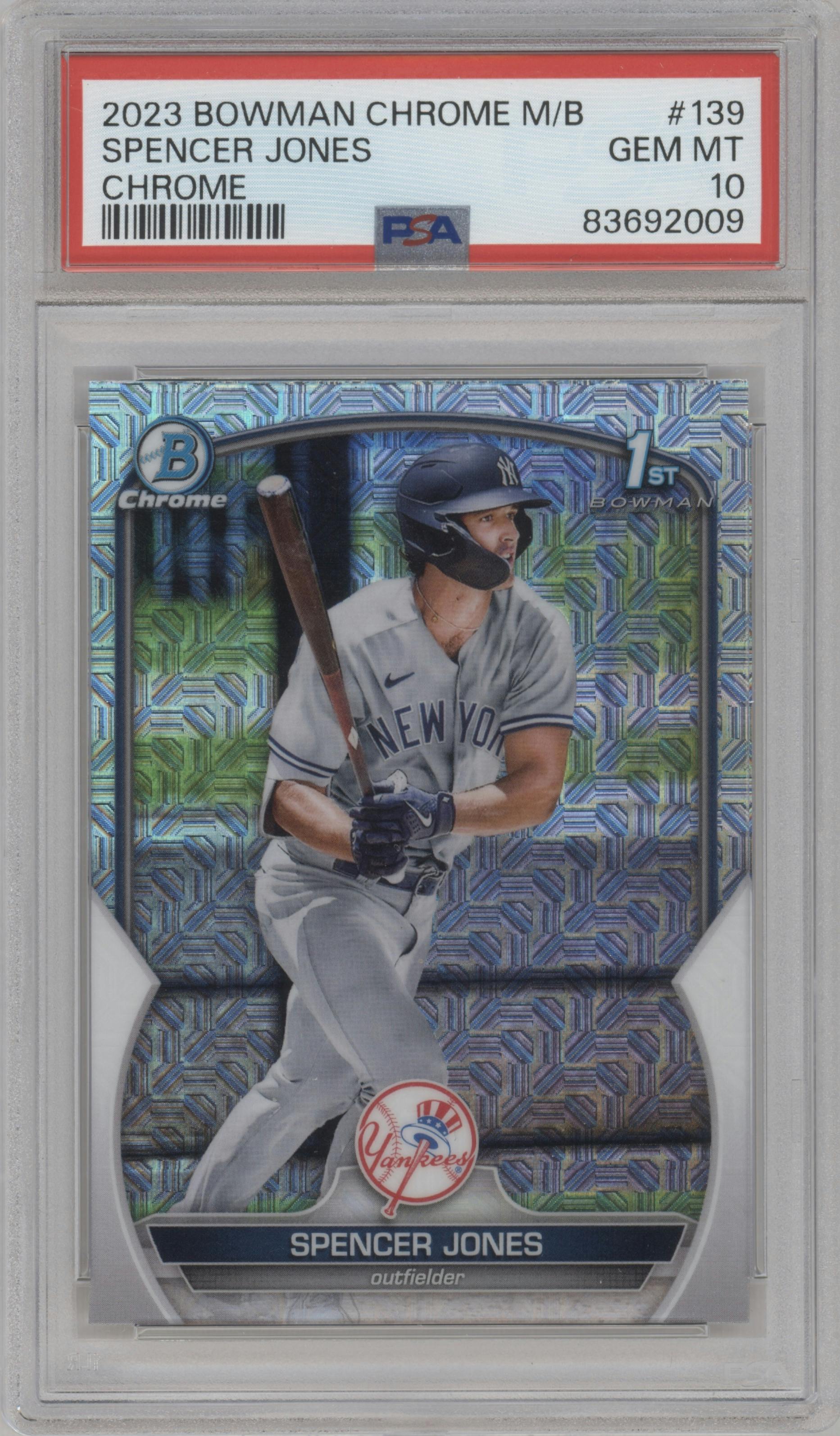 Spencer Jones from the 2023 Bowman Mega Box set graded by PSA and given an overall grade of 10.