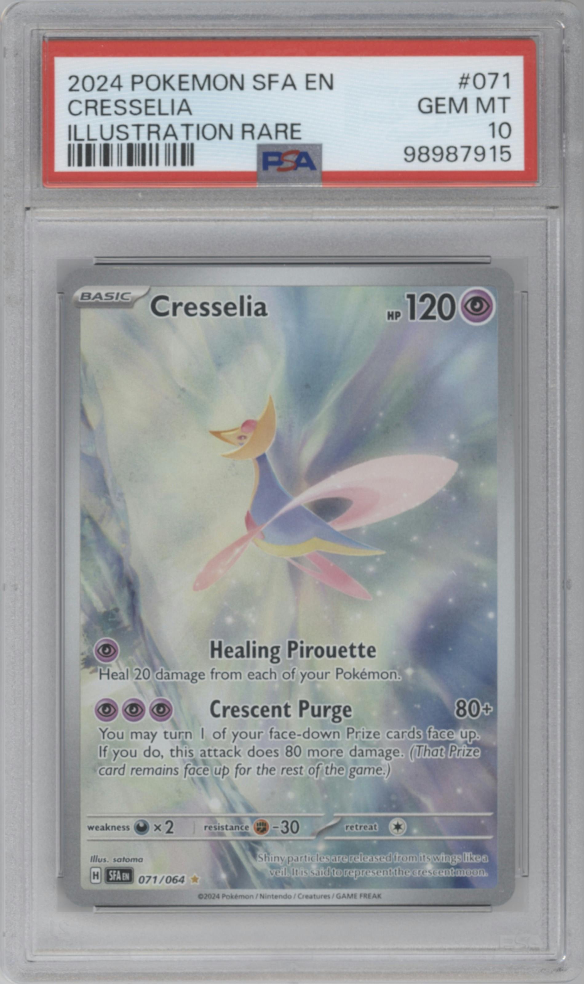 Cresselia from the 2024 Pokemon SV set graded by PSA and given an overall grade of 10.