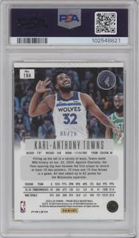 Karl-Anthony Towns from the 2023-24 Panini Prizm Deca set featuring a Gold Prizm parallel graded by PSA and given an overall grade of 9.