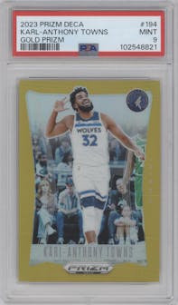 Karl-Anthony Towns from the 2023-24 Panini Prizm Deca set featuring a Gold Prizm parallel graded by PSA and given an overall grade of 9.