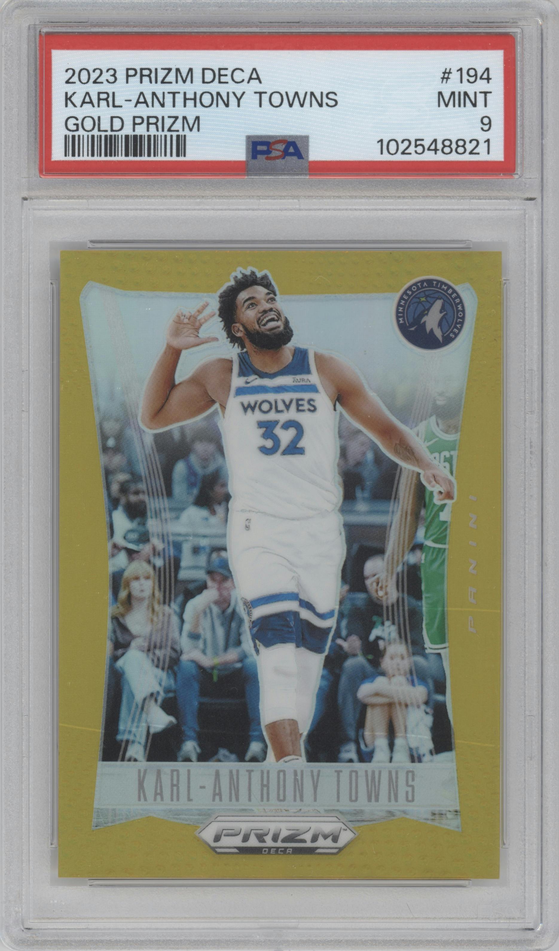Karl-Anthony Towns from the 2023-24 Panini Prizm Deca set featuring a Gold Prizm parallel graded by PSA and given an overall grade of 9.