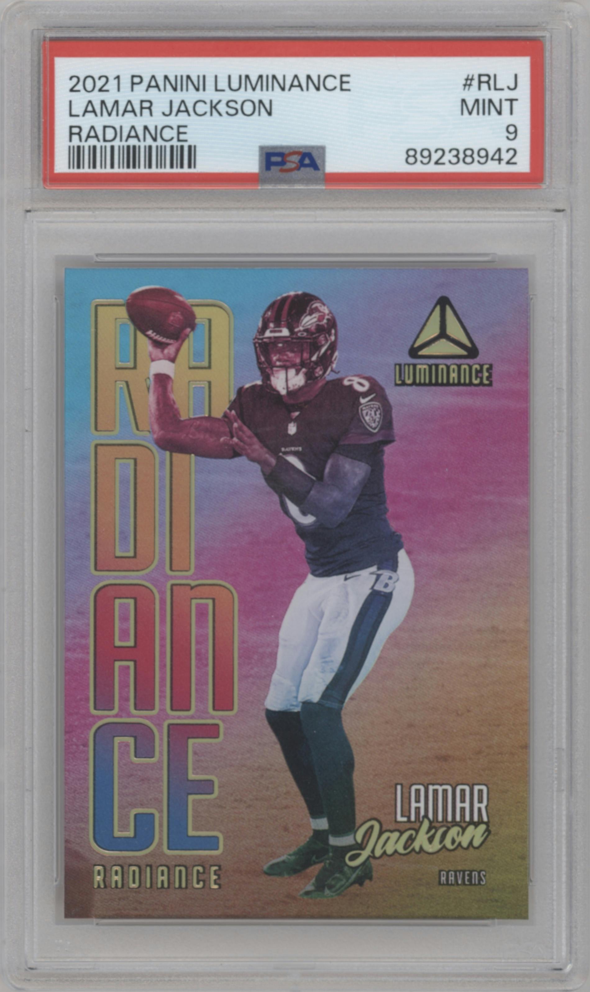 Lamar Jackson from the 2021 Panini Luminance set graded by PSA and given an overall grade of 9.
