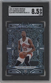 Christian Koloko from the 2022-23 Panini Obsidian set featuring a Electric Etch White Mojo parallel graded by SGC and given an overall grade of 8.5.