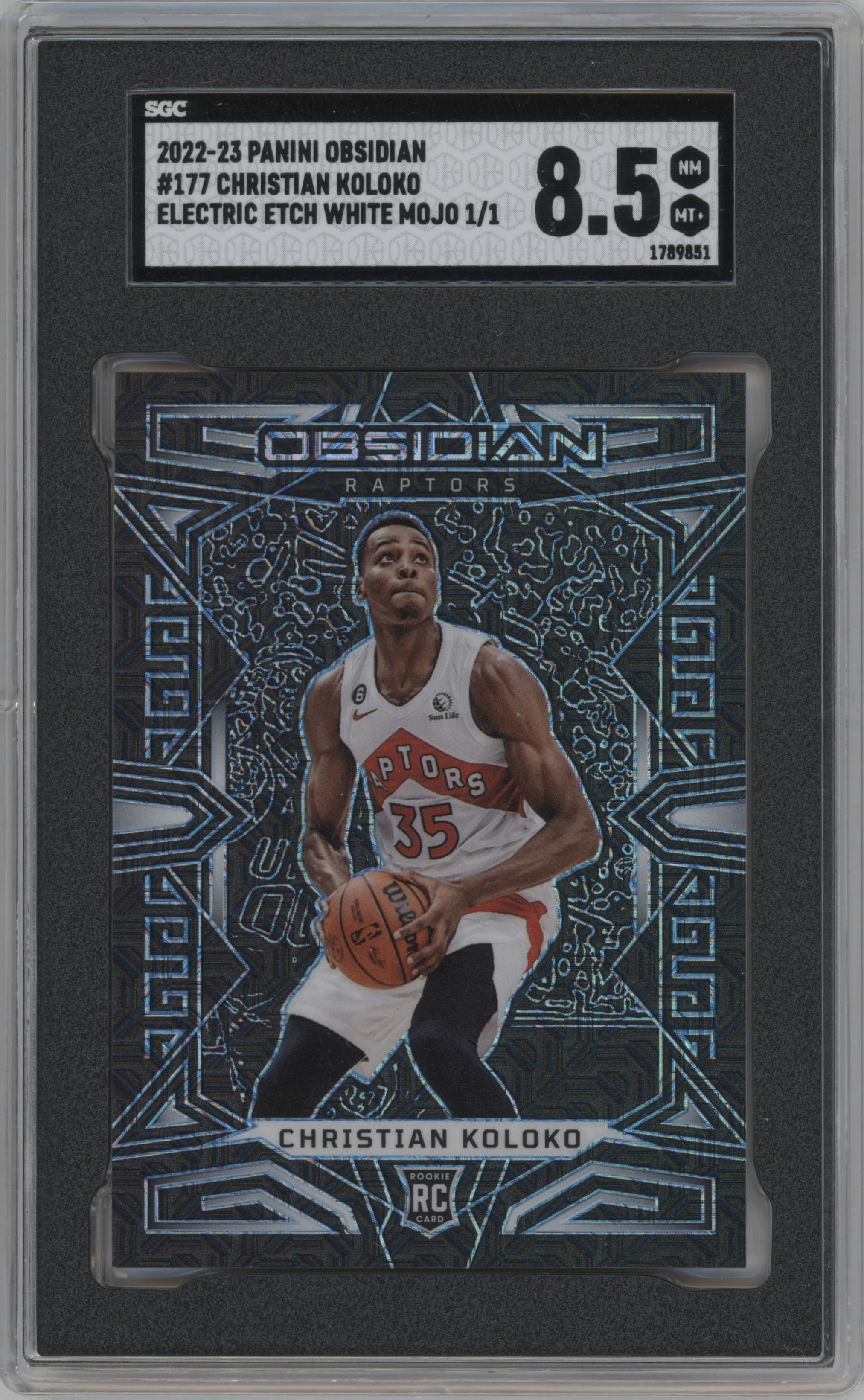 Christian Koloko from the 2022-23 Panini Obsidian set featuring a Electric Etch White Mojo parallel graded by SGC and given an overall grade of 8.5.