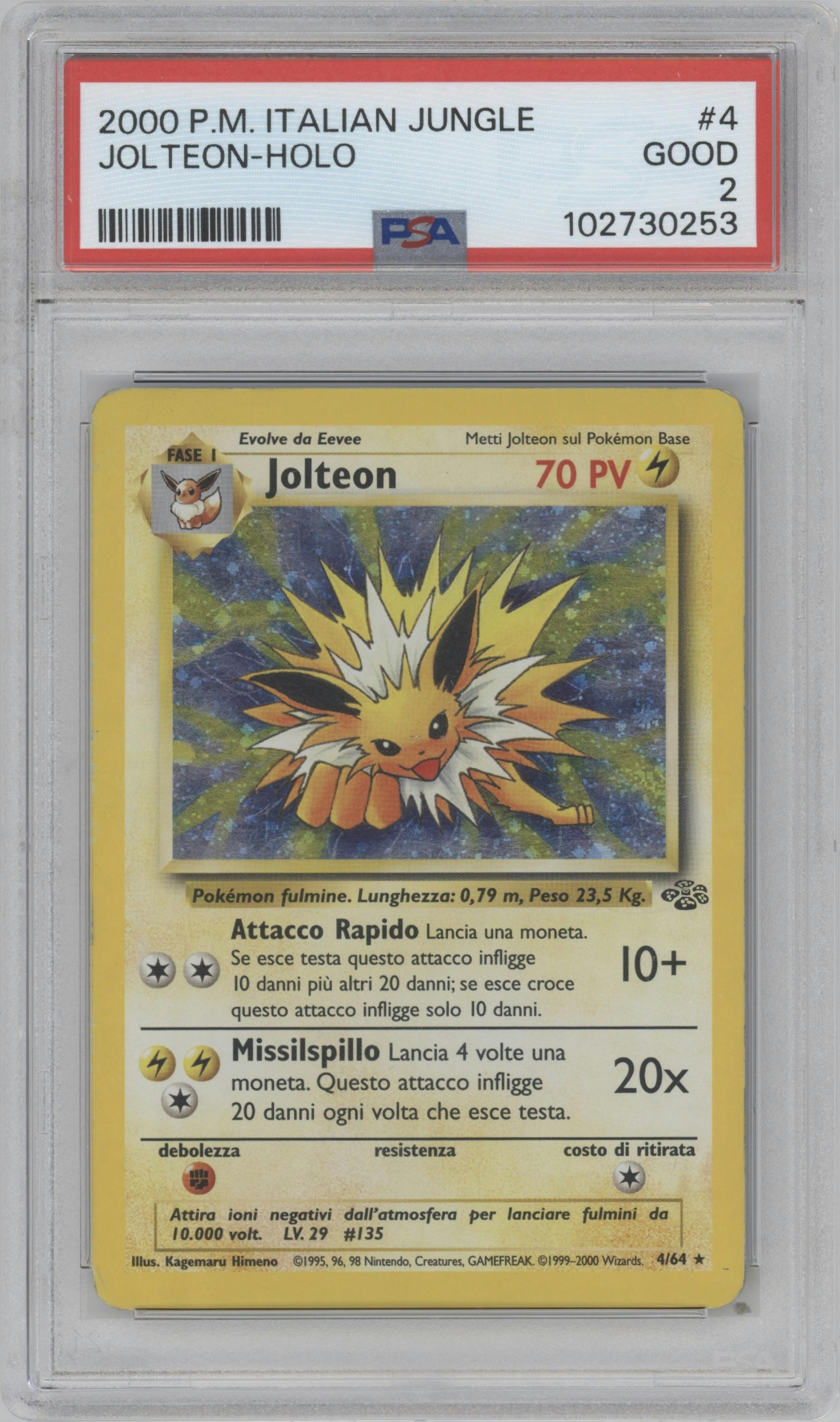 Jolteon from the 2000 Pokemon Italy set graded by PSA and given an overall grade of 2.