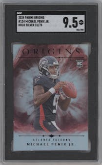 Michael Penix Jr. from the 2024 Panini Origins set featuring a Silver Holo parallel graded by SGC and given an overall grade of 9.5.