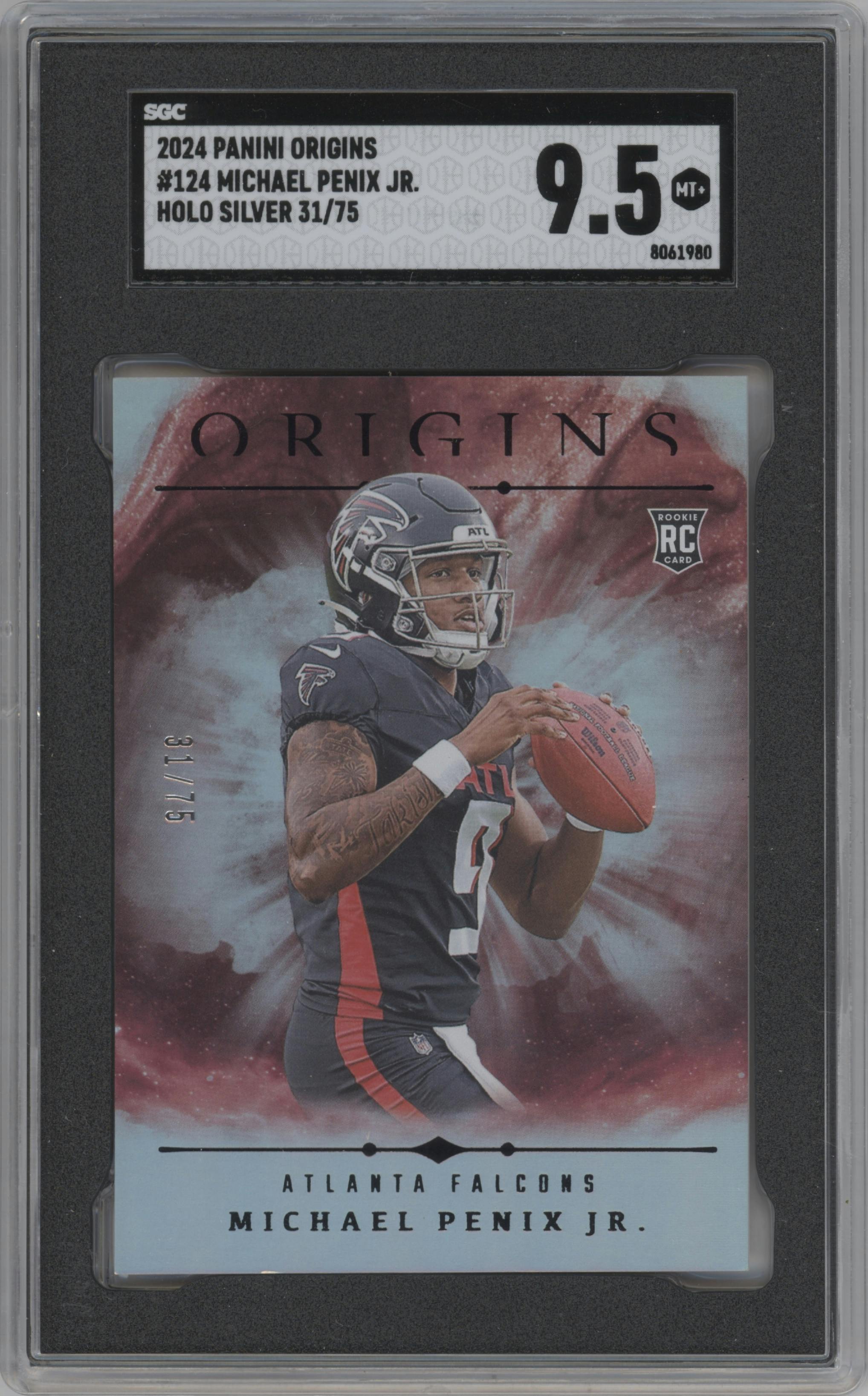Michael Penix Jr. from the 2024 Panini Origins set featuring a Silver Holo parallel graded by SGC and given an overall grade of 9.5.