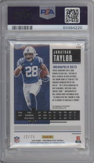 Jonathan Taylor from the 2020 Panini Contenders Optic set featuring a Blue parallel graded by PSA and given an overall grade of 9.
