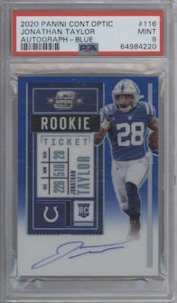 Jonathan Taylor from the 2020 Panini Contenders Optic set featuring a Blue parallel graded by PSA and given an overall grade of 9.