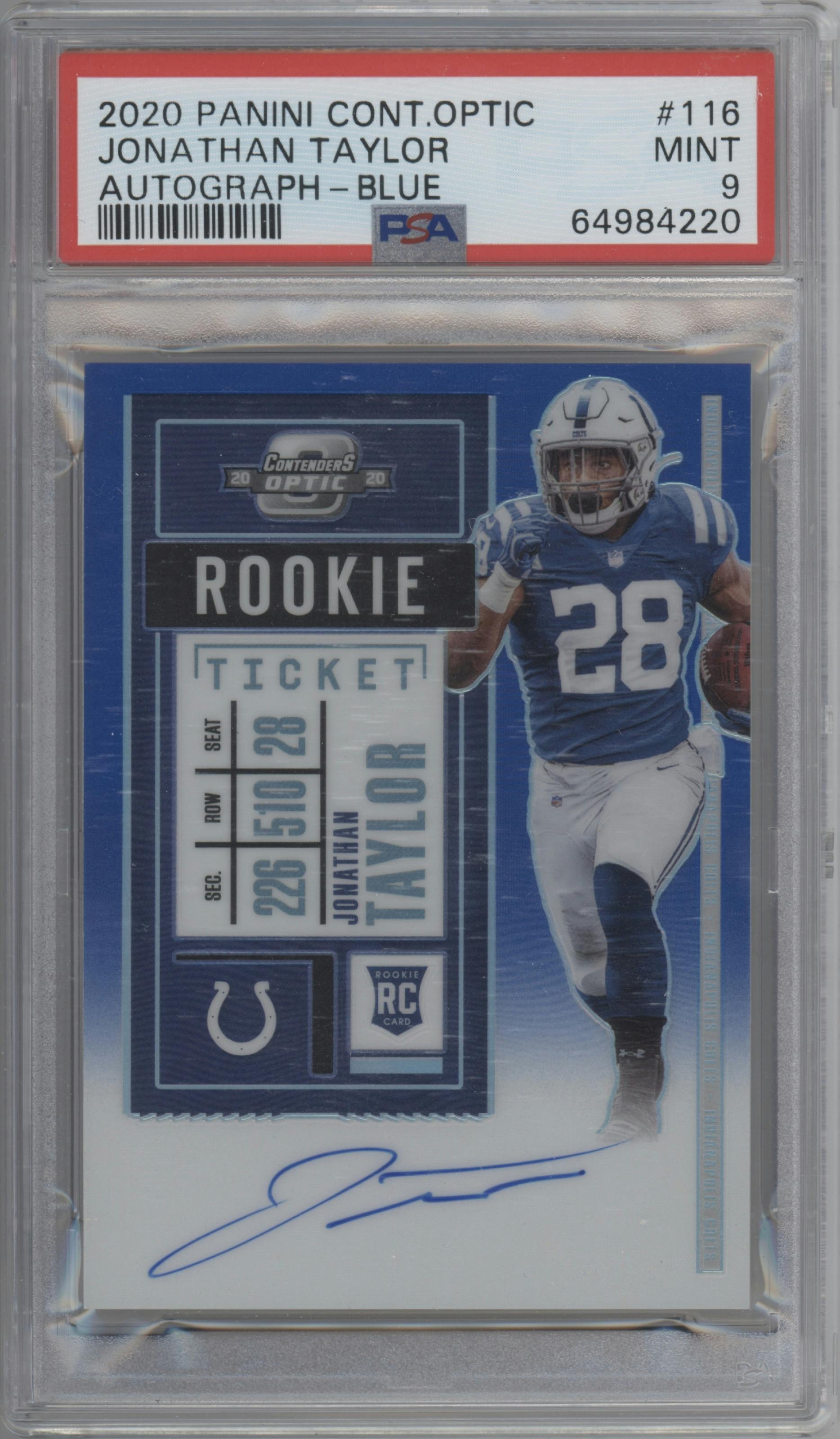 Jonathan Taylor from the 2020 Panini Contenders Optic set featuring a Blue parallel graded by PSA and given an overall grade of 9.