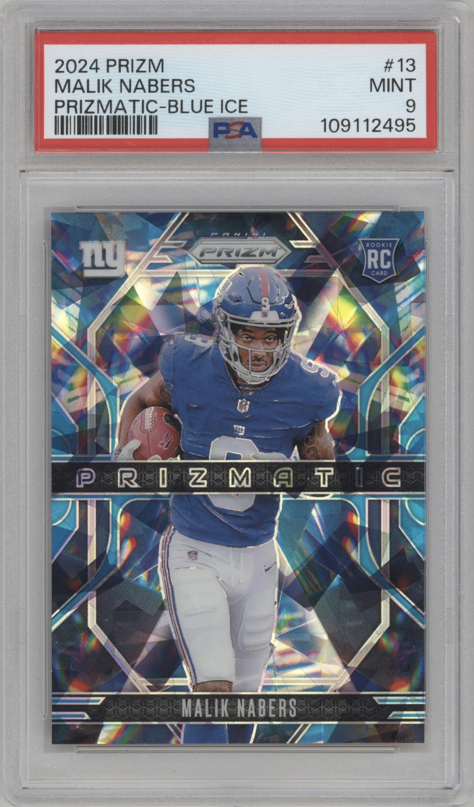 Malik Nabers from the 2024 Panini Prizm set featuring a Blue Ice Prizm parallel graded by PSA and given an overall grade of 9.