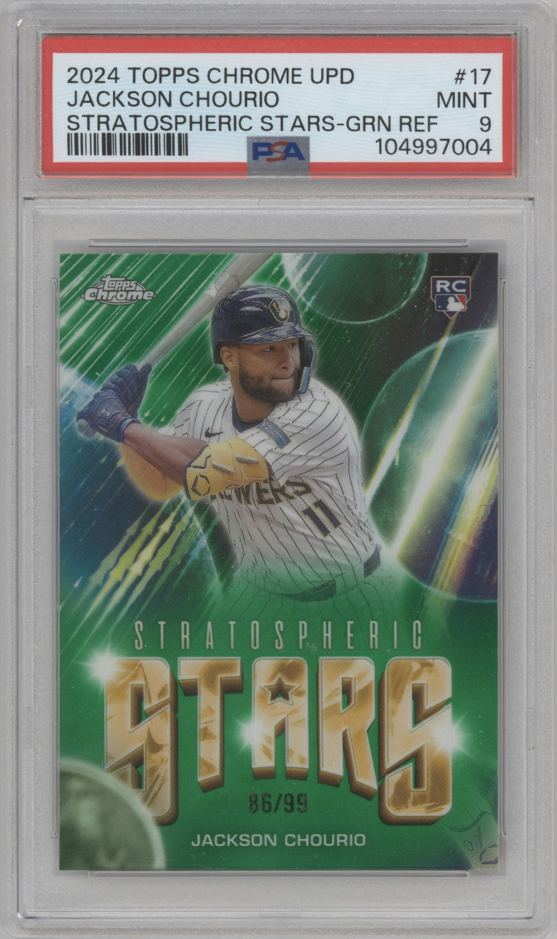 Jackson Chourio from the 2024 Topps Chrome Update set featuring a Green Refractor parallel graded by PSA and given an overall grade of 9.