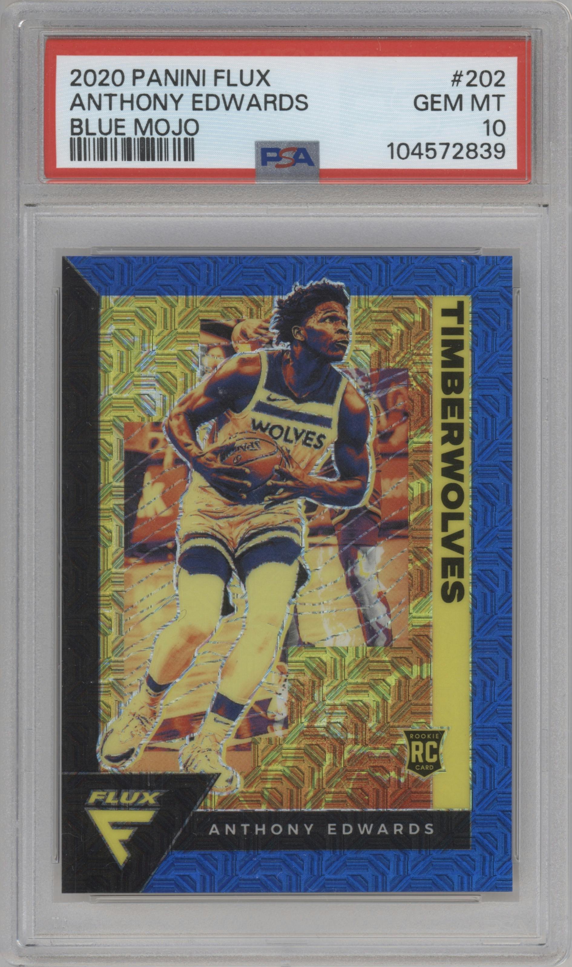 Anthony Edwards from the 2020-21 Panini Flux set featuring a Blue Mojo parallel graded by PSA and given an overall grade of 10.