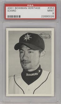 Ichiro  from the 2001 Bowman Heritage set graded by PSA and given an overall grade of 9.