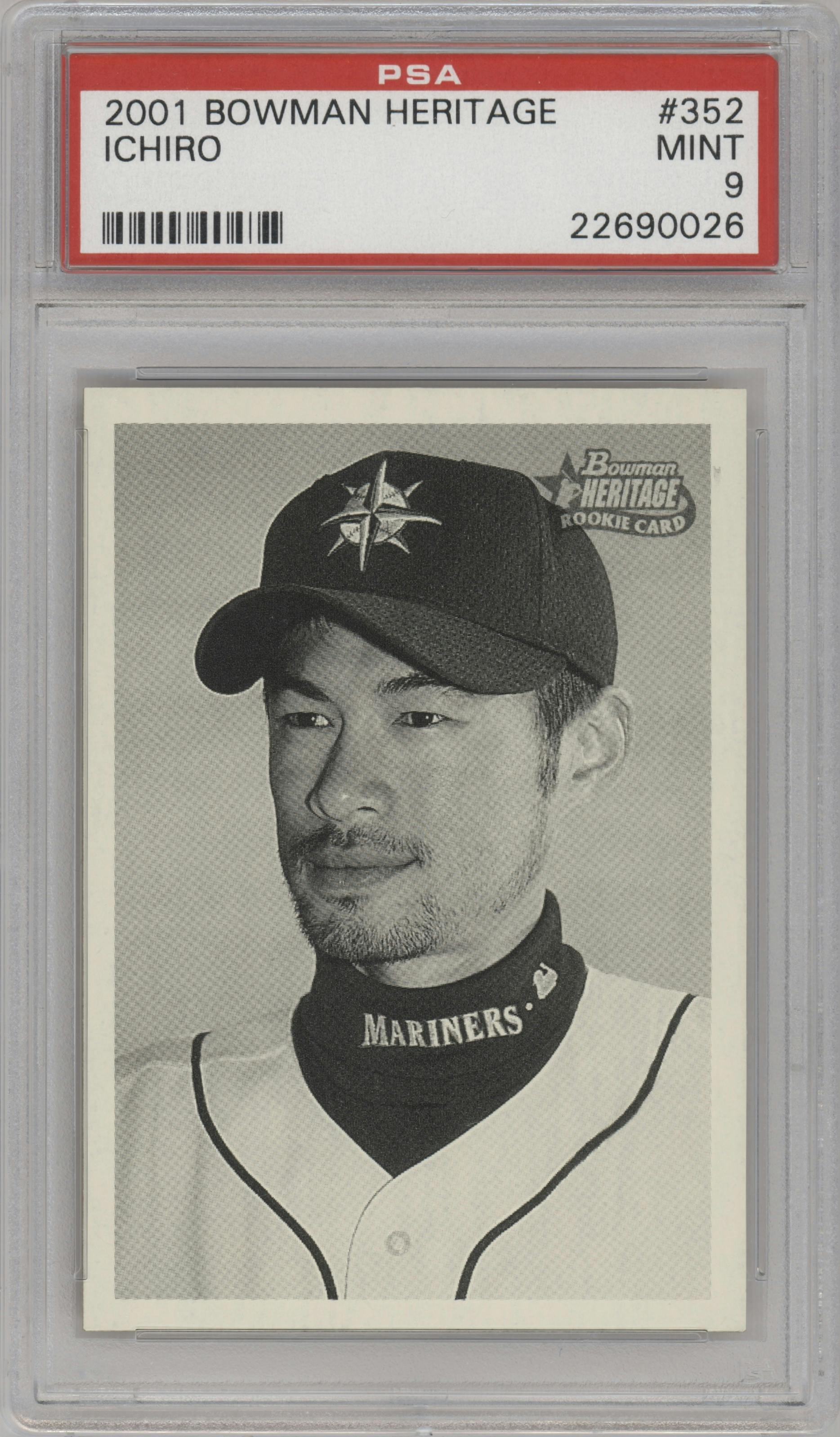 Ichiro  from the 2001 Bowman Heritage set graded by PSA and given an overall grade of 9.