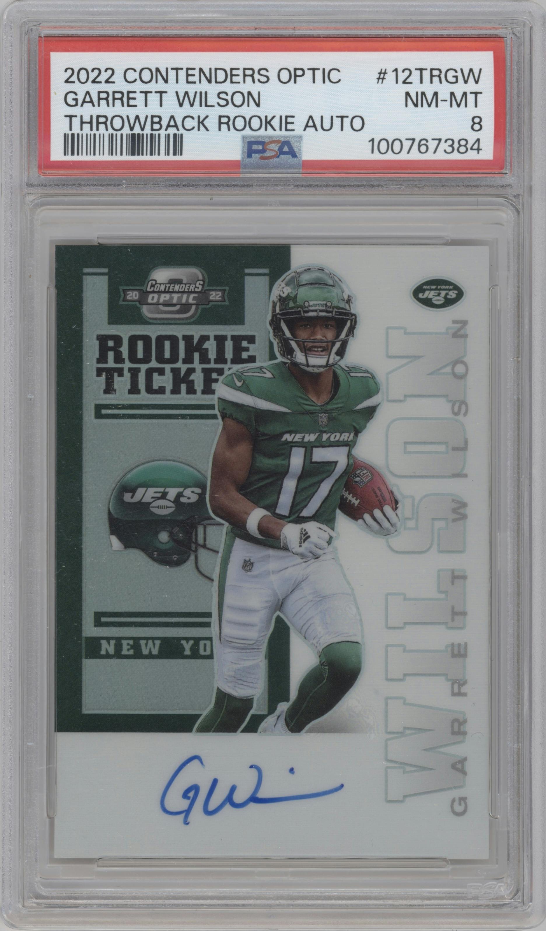 Garrett Wilson from the 2022 Panini Contenders Optic set graded by PSA and given an overall grade of 8.