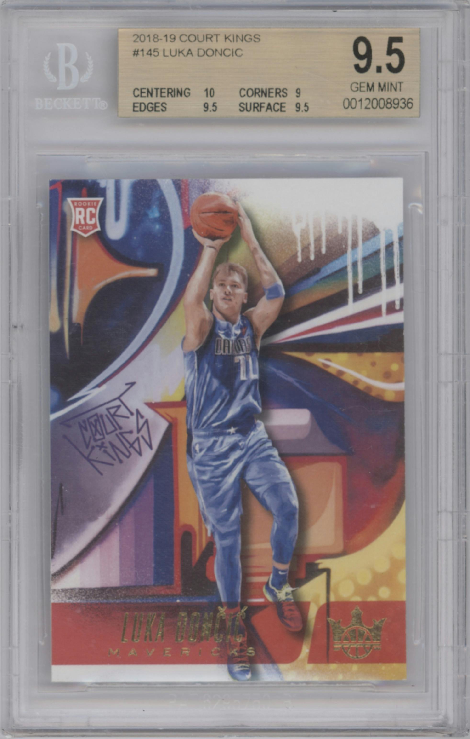 Luka Doncic from the 2018-19 Panini Court Kings  set graded by Beckett and given an overall grade of 9.5.