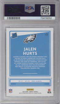Jalen Hurts from the 2020 Panini Donruss set featuring a Canvas parallel graded by PSA and given an overall grade of 9.