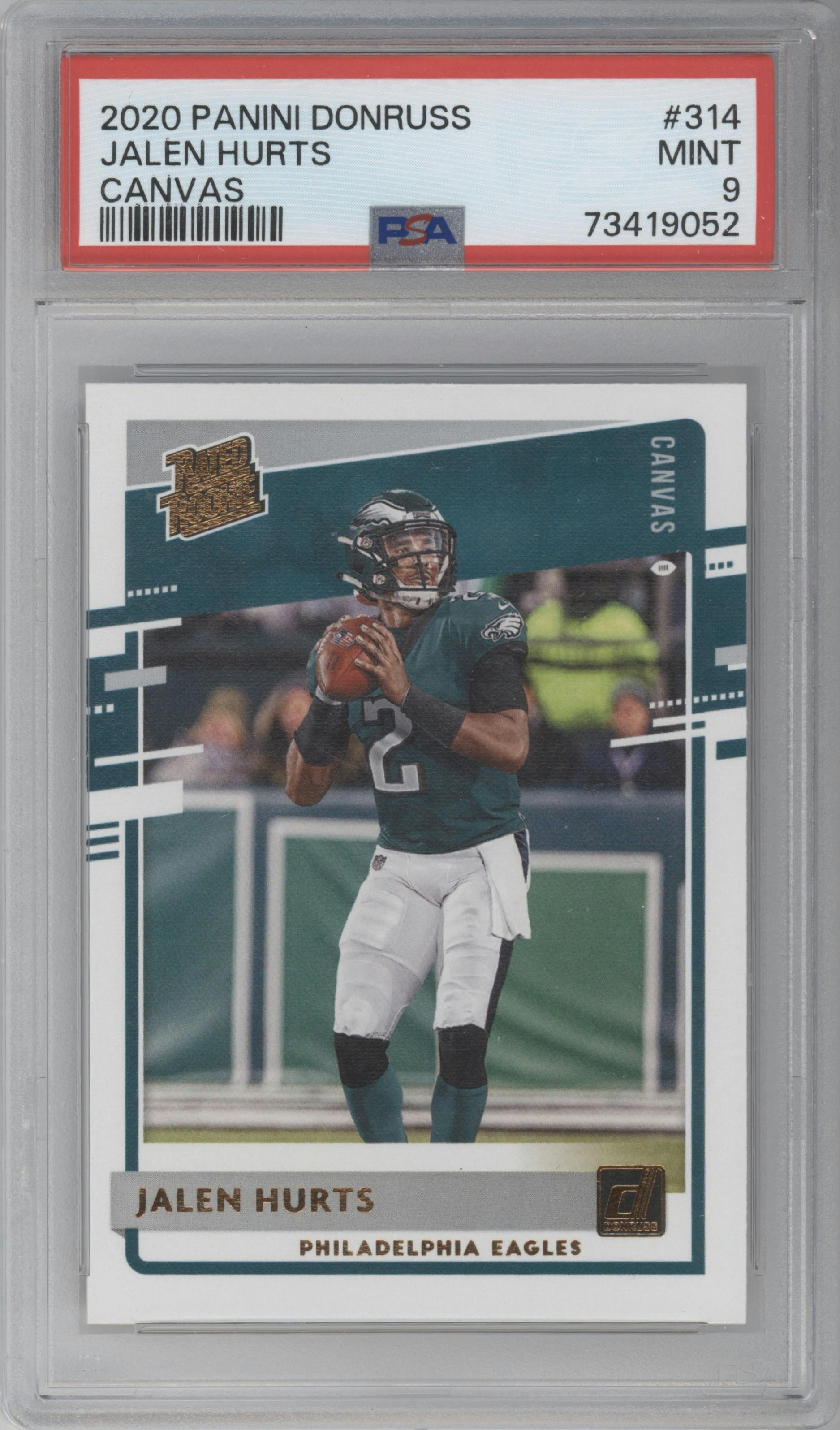 Jalen Hurts from the 2020 Panini Donruss set featuring a Canvas parallel graded by PSA and given an overall grade of 9.